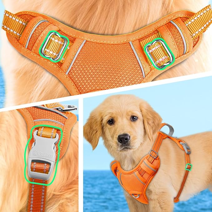 BARKBAY No Pull Dog Harness Large Reflective Dog Harness with Front Clip and Easy Control Handle for Walking Training Running with ID tag Pocket(Orange,XS)