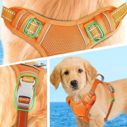 BARKBAY No Pull Dog Harness Large Reflective Dog Harness with Front Clip and Easy Control Handle for Walking Training Running with ID tag Pocket(Orange,XS)