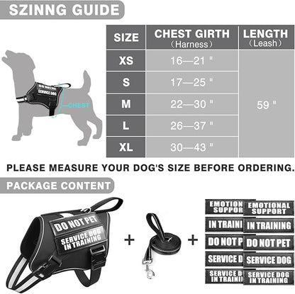 Service Dog Vest Harness and Leash Set+10 Patches,No Pull&Easy Walk Reflective Dog Harness with Soft Padded Handle for Training/Everyday,Fit Small/Medium/Large/Extra-Large Dogs(Black XL)