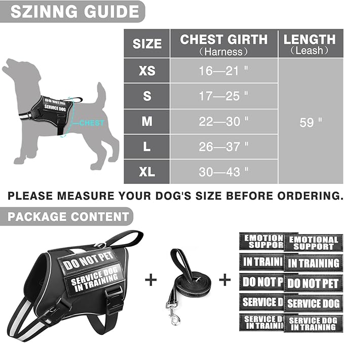 Service Dog Vest Harness and Leash Set+10 Patches,No Pull&Easy Walk Reflective Dog Harness with Soft Padded Handle for Training/Everyday,Fit Small/Medium/Large/Extra-Large Dogs(Black M)