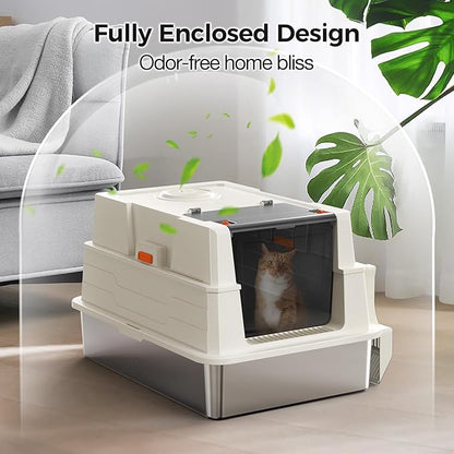 XXXL Stainless Steel Litter Box with Lid,28" L x 20.5" W x 16.5" H Extra Large Cat Litter Box Enclosure for Large and Multi-Cats Families,Non-Sticky, Anti-Leakage, Easy to Clean(White)