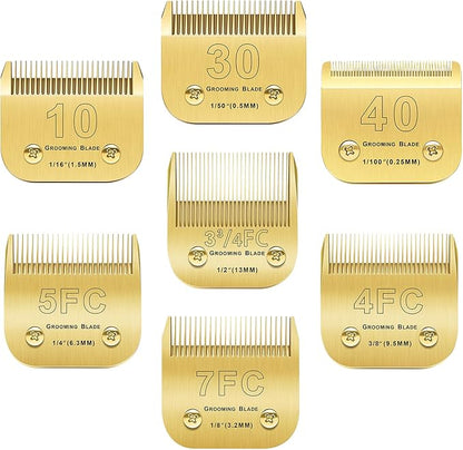 Audoc 7Pack 10 Blades Dog Grooming Blades Compatible with Andis/Oster A5/Wahl KM-10 Series Dog Clippers Replacement Blades,Detachable Dog Clipper Blades,Gold (7PCS #10+30+40+3FC+4FC+5FC+7FC)