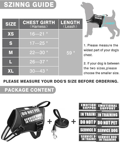 Service Dog Vest Harness and Leash Set+10 Patches for Puppy Small Dogs,Do Not Pet Emotional Support Dog Vest with 2 Soft Padded Handle for Everyday/Training (Black XS)