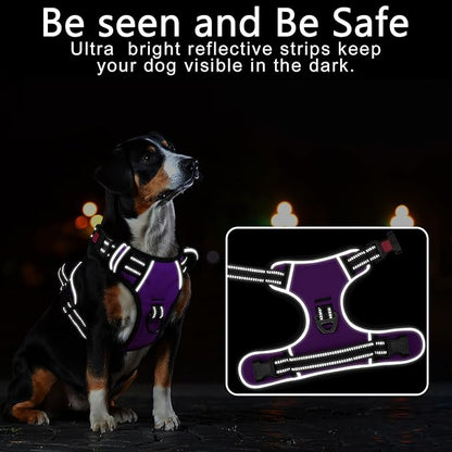 Timos Dog Harness Medium Sized, No Pull with Neck Lockable Snap,No Choke Front Clip Dog Reflective Harness,Adjustable Metal Rings 3 Buckles,Easy Control Handle for Medium Dogs Purple M