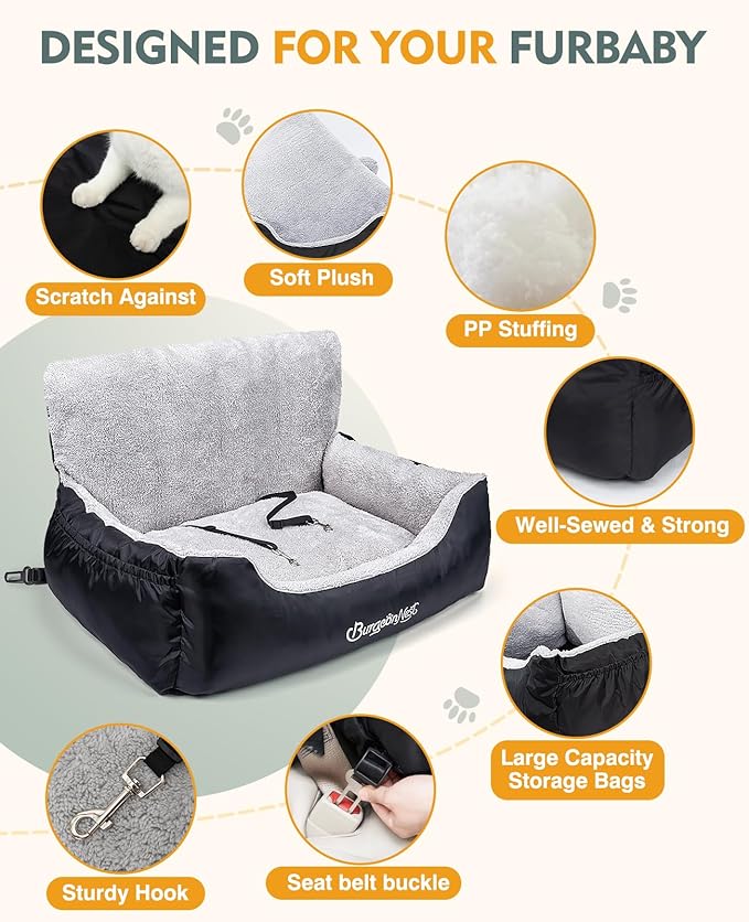 BurgeonNest Dog Car Seat for Small Dogs, Fully Detachable and Washable Dog Carseats Small Under 25, Soft Dog Booster Seats with Storage Pockets and Clip-On Leash Portable Dog Car Travel Carrier Bed