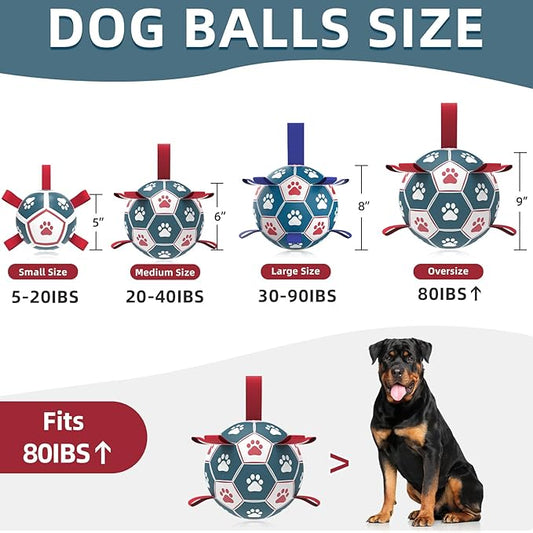 QDAN Dog Toys Extra Large Soccer Ball with Straps, Interactive Toys for Tug of War, Puppy Birthday Toy, Dog Water Toy, Dog Balls for Large Dog -Blue&Red (9 Inch)