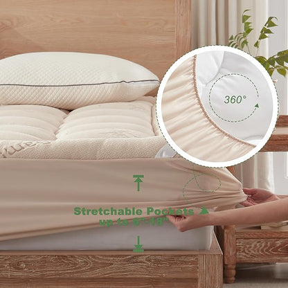 BEDLORE Queen Mattress Topper Viscose Derived from Bamboo, Thick Pillow Top Mattress Pad with Stretchable Pockets for 6-18 inches Mattress, Soft Mattress Topper for Back Pain Relief(Beige)