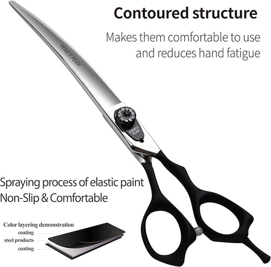 Fenice Peak 7.5'' Professional Curved Dog Grooming Scissors Heavy and Anti-Slip Black Handler 440C Stainless Steel Pet Cutting Shears Safety Trimming Shearing for Dogs Cats