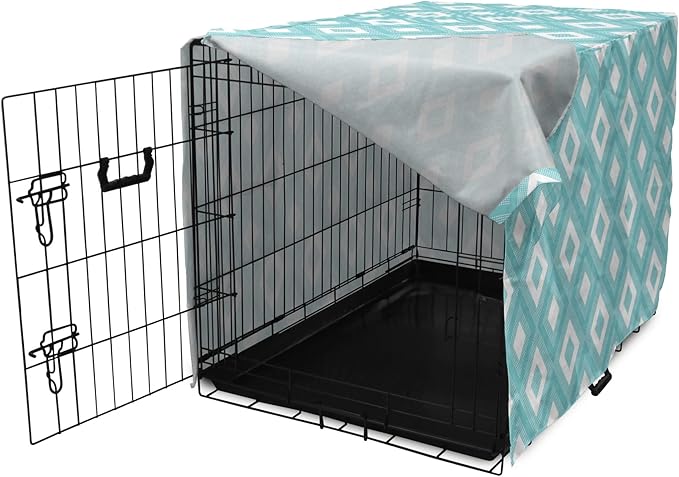 Lunarable Geometric Dog Crate Cover, Nested Diagonal Squares with Tiny Polka Dots Symmetric Repetition, Easy to Use Pet Kennel Cover for Cats & Medium Dogs, 24 Inch, White and Pale Teal