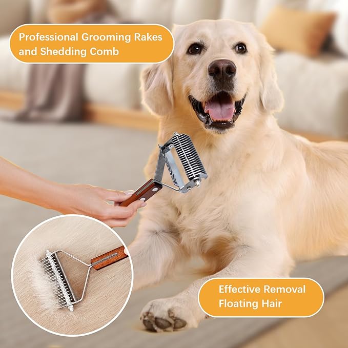 Dematting Comb for Dogs,Undercoat Rake for Dogs Cats 2-in-1 Stainless Steel Shedding Brush with Antislip Wooden Handle Pet Grooming Brush Effective for Cat Tangles Hair