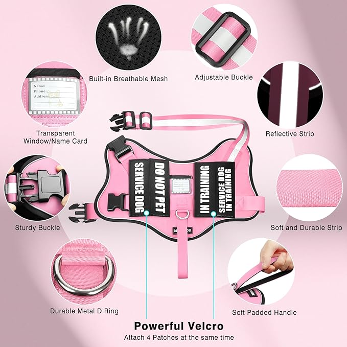 Service Dog Vest Harness and Leash Set+10 Patches,No Pull&Easy Walk Reflective Dog Harness with Soft Padded Handle for Training/Everyday,Fit Small/Medium/Large/Extra-Large Dogs (Pink XL)