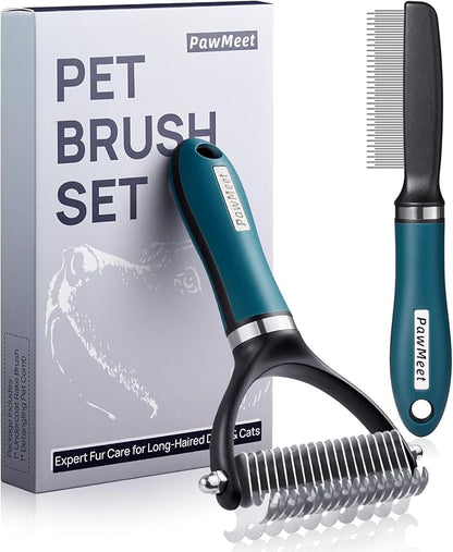 Deshedding Dog Brush Dog Comb Combo, Professional Undercoat Rake, Pet Grooming Brush for Dog Cat Grooming Supplies, Dematting Deshedding Brush Dogs Shedding Tool for Long Matted Haired Pets