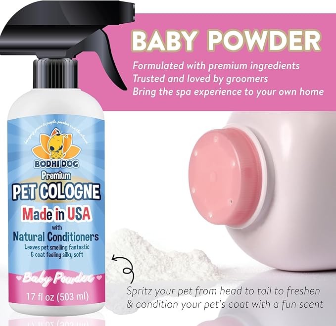 Bodhi Dog Natural Dog Cologne (Baby Powder) - Premium Scented Deodorizing Pet Perfume with Conditioner for Dogs & Cats - Keeps Pets Fresh & Clean - Gentle and Safe Formula, Made in USA (17 Fl Oz)