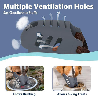 LUCKYPAW Dog Muzzle Soft Muzzle for Small Medium Dogs Poodle Dachshund Breathable Silicone Cage Muzzle to Prevent Biting Chewing Funny Rhino Muzzle with Adjustable Strap (Grey, M-(Snout Cir:7-8in)