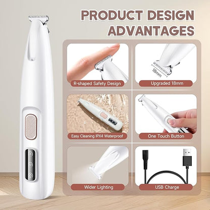 Dog Paw Trimmer with LED Light, Paw Trimmer for Dogs Electric, Pet Hair Clippers Rechargeable Low Noise, Grooming Shaver for Cat's Eyes Face Ears Feet, Fully Waterproof (White)