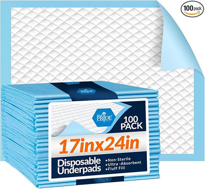 Medpride Disposable Underpads 17'' x 24'' (100-Count) Incontinence Pads, Bed Covers, Puppy Training | Thick, Super Absorbent Protection for Kids, Adults, Elderly | Liquid, Urine, Accidents