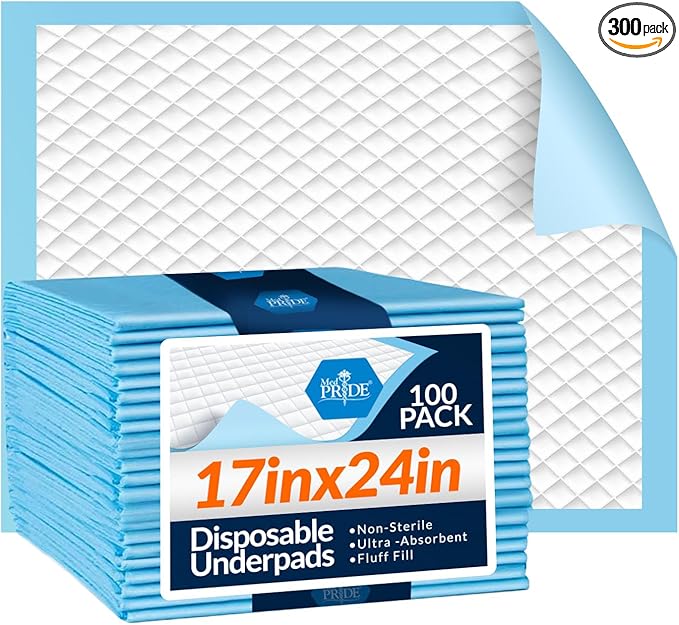 MED PRIDE Disposable Underpads 17'' x 24'' (300-Count) Incontinence Pads, Bed Covers, Puppy Training | Thick, Super Absorbent Protection for Kids, Adults, Elderly | Liquid, Urine, Accidents