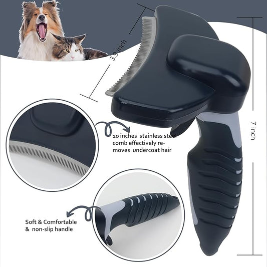 HOP Dog Deshedding Brush for Short Haired Dogs Cats Pets Professional Deshedding Tool Anti-Slip Handle & Detachable Head Highly Effective Deshedder Grooming Home of Paws (Dark Blue_L)