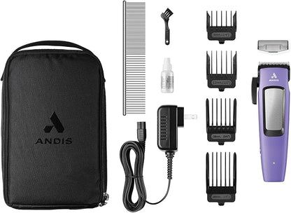 Andis Easy Clip Adjustable Blade Cordless II Dog Clipper, 10 Piece Kit, Lithium-Ion Battery, Purple, 560017