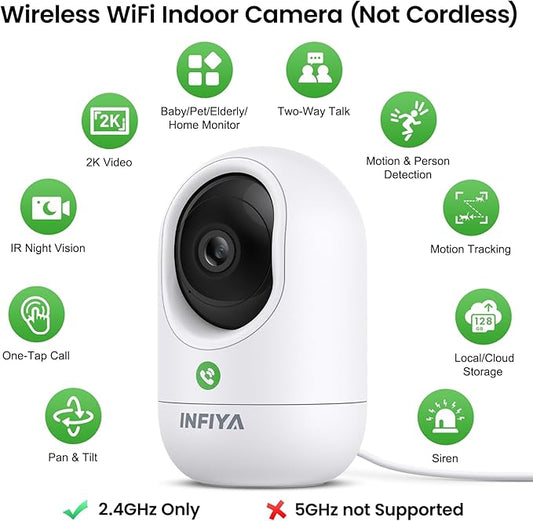 2K Baby Camera-WiFi Home Security Cameras Indoor via One-Tap Call with Elderly/Baby/Nanny, Motion Alert, Local/Optional Cloud Storage, Compatible with Alexa/Google Home, K7 1Pack (2.4GHz Only)