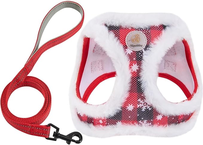 Christmas Dog Harness and Leash Set, No Pull Soft Mesh Puppy Harness for Small Medium Dogs, Cats - Step in Reflective Vest Harness for Walking, Training - Plush Red, XS