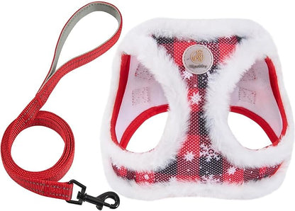 Christmas Dog Harness and Leash Set, No Pull Soft Mesh Puppy Harness for Small Medium Dogs, Cats - Step in Reflective Vest Harness for Walking, Training - Plush Red, XS