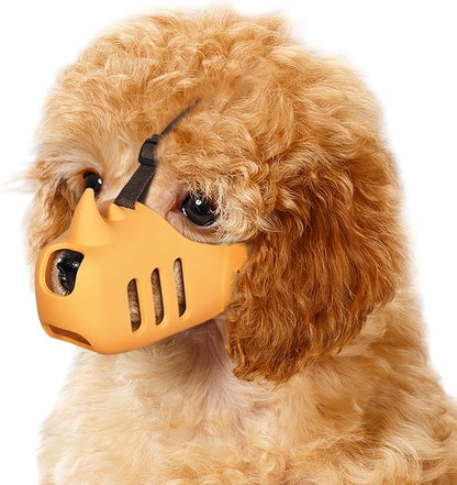 LUCKYPAW Dog Muzzle, Soft Muzzle for Small Medium Dogs Poodle Dachshund, Breathable Silicone Cage Mouth Cover to Prevent Biting Chewing, Funny Rhino Shaped Muzzle with Adjustable Head Strap(Yellow,XL)