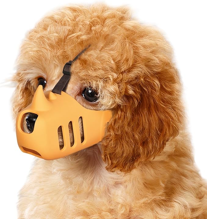 LUCKYPAW Dog Muzzle, Soft Muzzle for Small Medium Dogs Poodle Dachshund, Breathable Silicone Cage Mouth Cover to Prevent Biting and Chewing, Funny Rhino Muzzle with Adjustable Head Strap(Yellow, S)