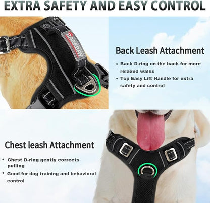 BARKBAY No Pull Dog Harness 3 Buckles Large Reflective Dog Harness with Front Clip and Easy Control Handle for Walking Training Running with ID tag Pocket(Black,L)