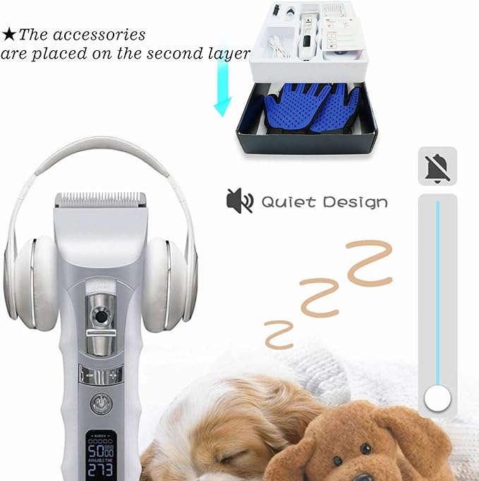 JAKEMY Dog Clippers Low Noise Pet Clippers Rechargeable Dog Trimmer Cordless Pet Grooming Tool with Pet Glooming Glove Comb Guides Scissors Nail Kits LED Screen for Dogs Cats & Others