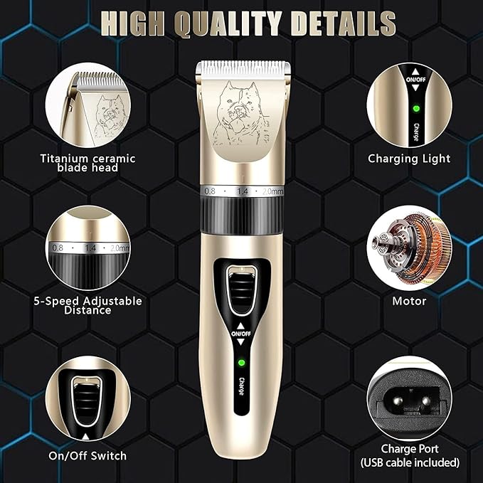 Professional Electric Cordless Shaver Trimmer/Clipper for Dogs, Cats, and Other Animals - Rechargable Battery with Long Life, Low Noise - Toolkit Included