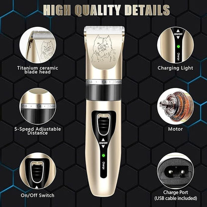 Professional Electric Cordless Shaver Trimmer/Clipper for Dogs, Cats, and Other Animals - Rechargable Battery with Long Life, Low Noise - Toolkit Included