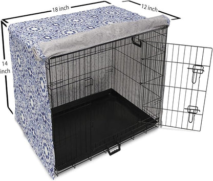 Lunarable Traditional Dog Crate Cover, Circular Flowers and Stripes Russian Gzhel Pattern Classic Motifs, Easy to Use Pet Kennel Cover for Small Dogs Puppies Kittens, 18 Inch, Pale Blue