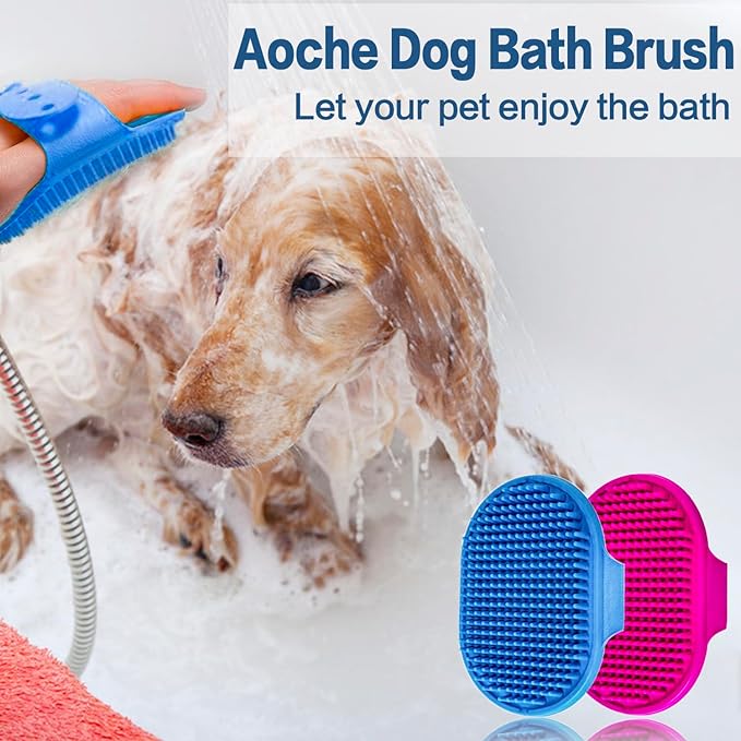 Dog Bath Brush, Aoche Pet Bath Comb Brush Soothing Massage Rubber Comb 2pcs with Adjustable Ring Handle for Long Short Haired Dogs and Cats (blue+rose)