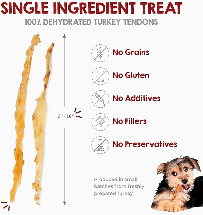 Riley's Turkey Tendons for Dogs - Single Ingredient Dehydrated Turkey Treats for Small & Large Dogs - Made in USA - Promotes Dental Health - 8 oz