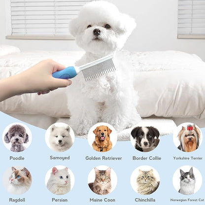 Detangling Pet Comb for Dog & Cat, Grooming Comb with Long & Short Stainless Steel Teeth, Safely Remove Knots & Tangles for Healthy Shiny Coat, Gentle Effective Detangling Tool for Pet Hair (Blue)