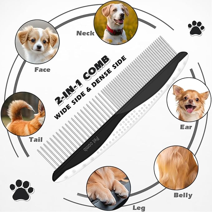 3PCS Premium Dog Grooming Kit - I Deshedding Brush & Metal Comb for Dogs & Cats (White Black)