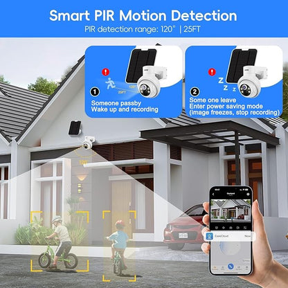 MMQ Solar Security Cameras Wireless Outdoor, 4MP PTZ Powered Security Cameras for Home, Security Camera Outside with PIR Motion Detection, Color Night Vision, Two Way Audio, Compatible with Alexa