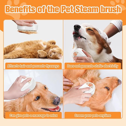 Cat Steam Brush,Silicone Dog Steamy Brushes,Rechargeable Pets Steam Brush for Dogs and Cats,Spritz Defur Comb for Cats,3 In 1 Pet Hair Remover Comb for Massage Grooming,Cleaning,Shedding White