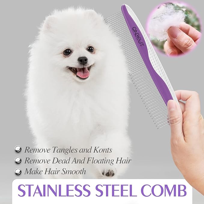 Dog Comb, OneCut Pet Grooming Tool for Removing Tangles Knots and Matted Fur, Wide and Narrow Teeth Comb Design for Dogs and Cats (Purple)