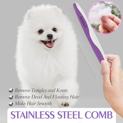 Dog Comb, OneCut Pet Grooming Tool for Removing Tangles Knots and Matted Fur, Wide and Narrow Teeth Comb Design for Dogs and Cats (Purple)
