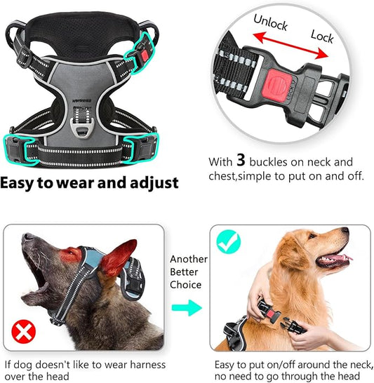 Timos Dog Harness Large Sized, No Pull with Neck Lockable Snap,No Choke Front Clip Dog Reflective Harness,Adjustable Metal Rings 3 Buckles,Easy Control Handle for Large Dogs Gray XL
