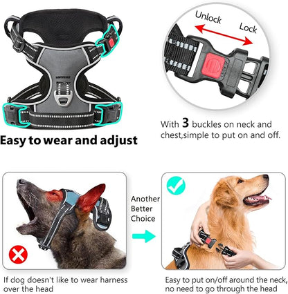 Timos Dog Harness Large Sized, No Pull with Neck Lockable Snap,No Choke Front Clip Dog Reflective Harness,Adjustable Metal Rings 3 Buckles,Easy Control Handle for Large Dogs Gray L