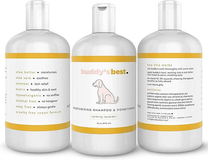 Buddy's Best Dog Shampoo for Smelly Dogs - Skin-Friendly, Oatmeal Dog Shampoo and Conditioner for Dry and Sensitive Skin - Moisturizing Puppy Wash Shampoo, Calming Lavender Scent, 16oz
