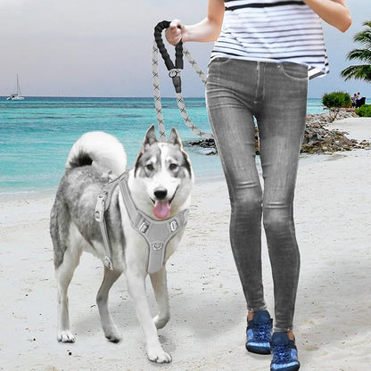BARKBAY No Pull Dog Harness Large Reflective Dog Harness with Front Clip and Easy Control Handle for Walking Training Running with ID tag Pocket(Grey,M)