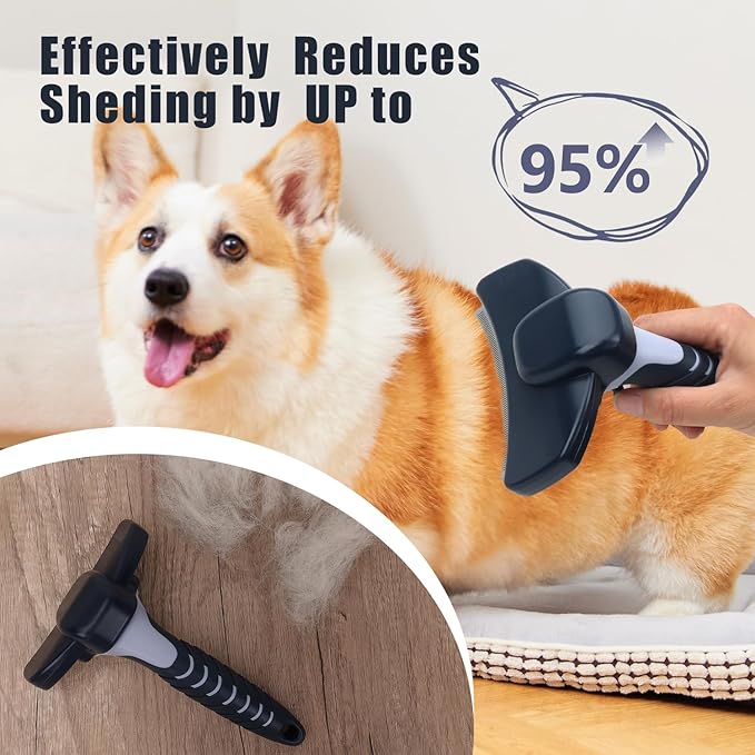 HOP Dog Deshedding Brush for Short Haired Dogs Cats Pets Professional Deshedding Tool Anti-Slip Handle & Detachable Head Highly Effective Deshedder Grooming Home of Paws (Dark Blue_L)