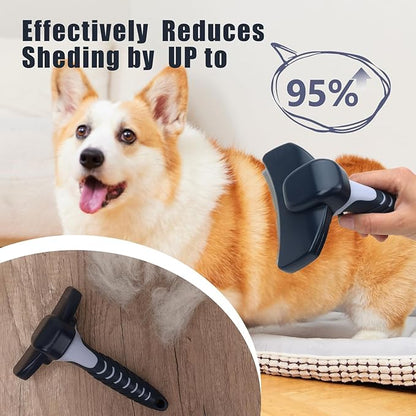 HOP Dog Deshedding Brush for Short Haired Dogs Cats Pets Professional Deshedding Tool Anti-Slip Handle & Detachable Head Highly Effective Deshedder Grooming Home of Paws (Dark Blue_L)