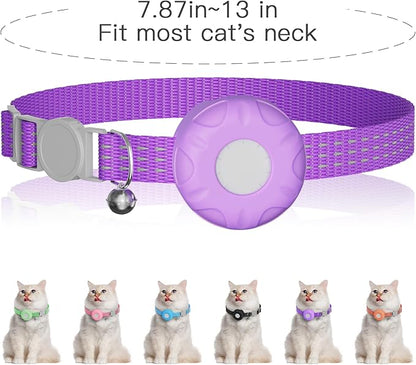 Cat Tracker Collar,No Monthly Fee Tracking Pet Collar with Finder Tag,Compatible with Apple Find My(iOS Only),Breakaway Tractive Design with Reflective Pattern & Bell,Purple