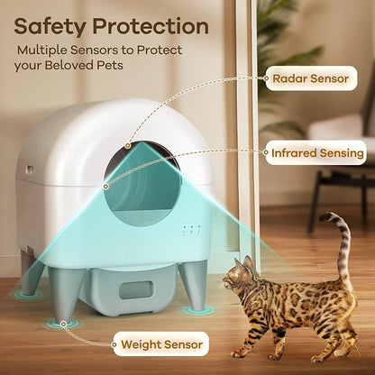 Self Cleaning Litter Box, Automatic Cat Litter Box Self Cleaning Large Capacity for Multiple Cats, App Control with Safety Sensors, Removable Washable Liner,2 Rolls Garbage Bags,Grey