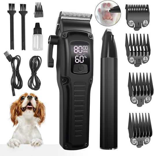 Cordless Dog Grooming Clippers Kit & Paw Trimmer with LED Light, Professional Electric Pet Hair Clippers, Dog Shavers for Grooming Thick Hair (Black)